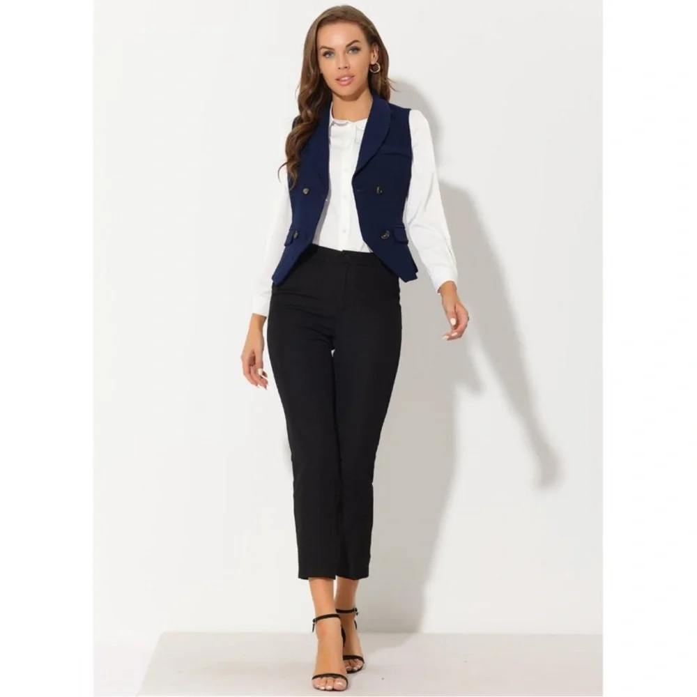 Women's Lapel Collar Dressy Versatile Racerback Waistcoat Suit Vest Dark Blue L - Picture 3 of 5